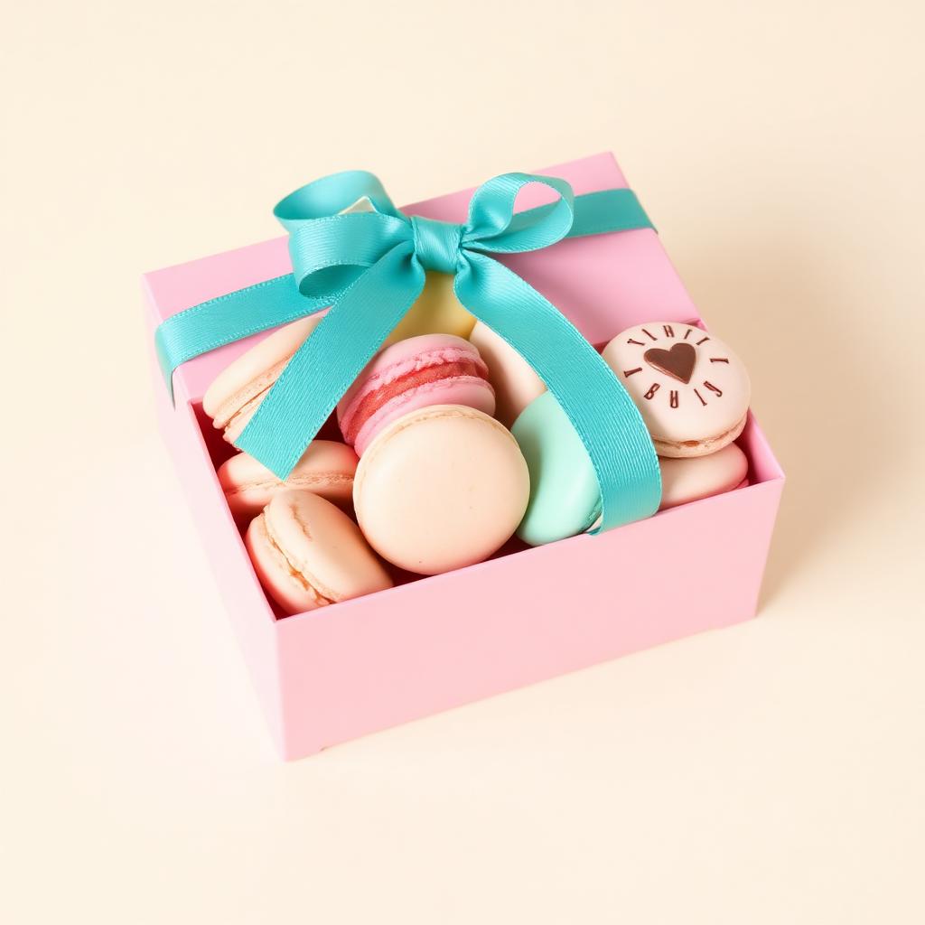 Pink gift box of macarons with turquoise ribbon