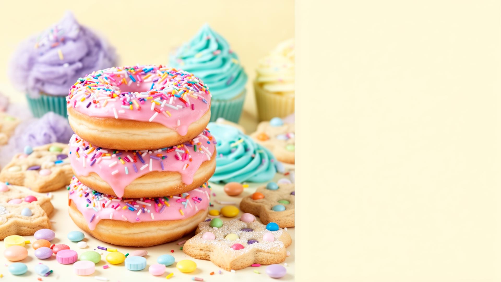 Pastel donuts, cupcakes, and candy on a cream backdrop